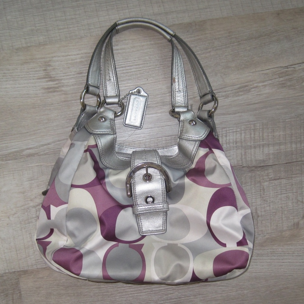 COACH silver and purple signature SOHO satin scarf print